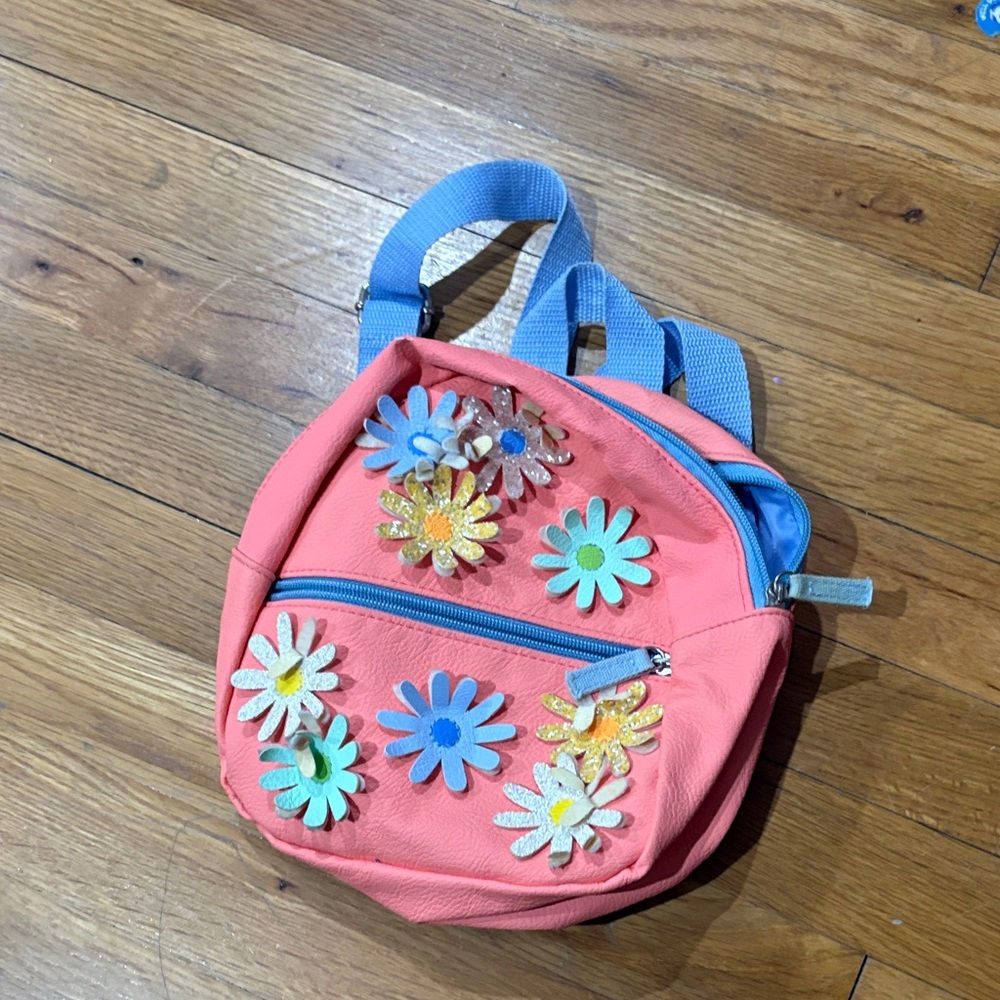 Kids Floral Appliqué Coral Pink Backpack with Blue Straps